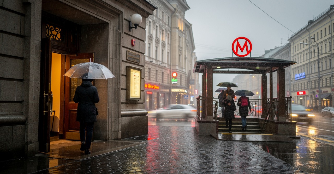 Человек с зонтом у входа в музей в дождливую погоду