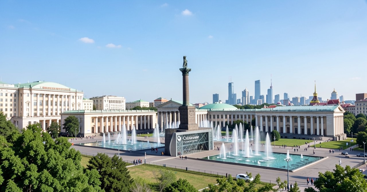 Панорама ВДНХ с павильонами и памятником космонавтике на фоне города