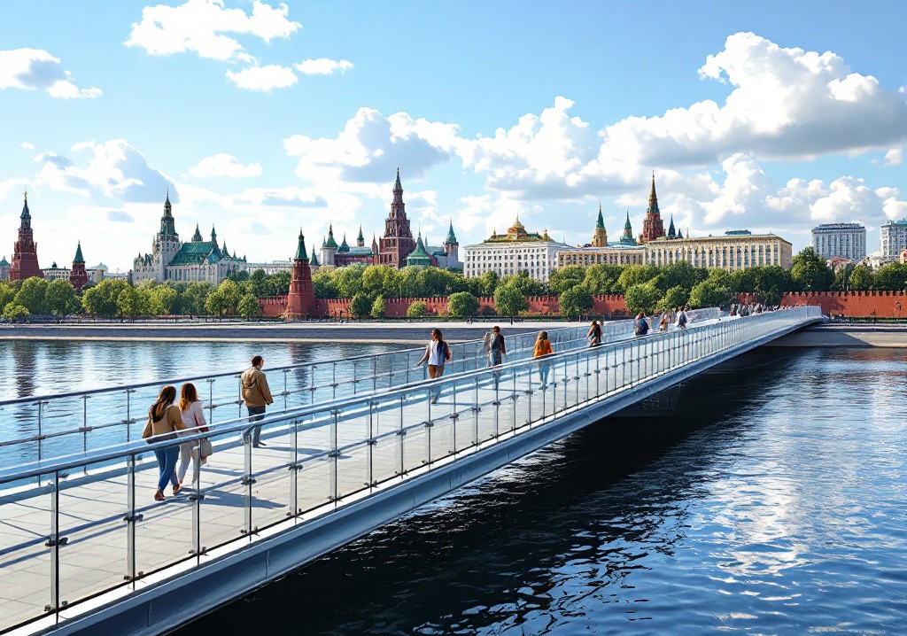 Парящий мост в парке Зарядье с видом на Москву-реку