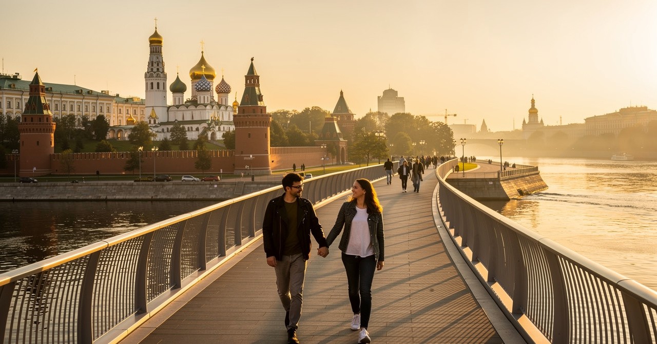 Парящий мост в Зарядье на закате, пара прогуливается