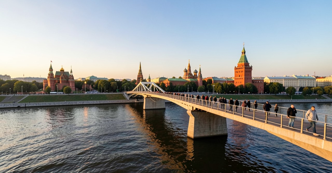 Парящий мост в парке Зарядье с видом на Кремль